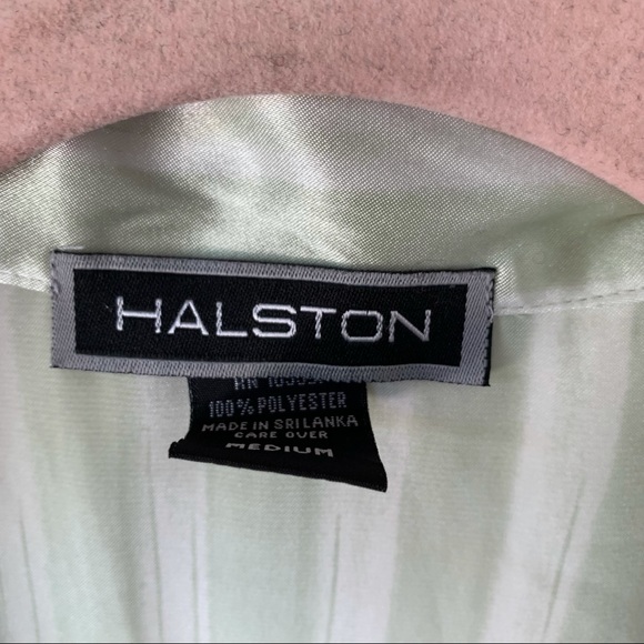 Halston Vintage Button Front Tunic Tank Top Green Stripe Satin Feel Size Medium - Picture 3 of 6